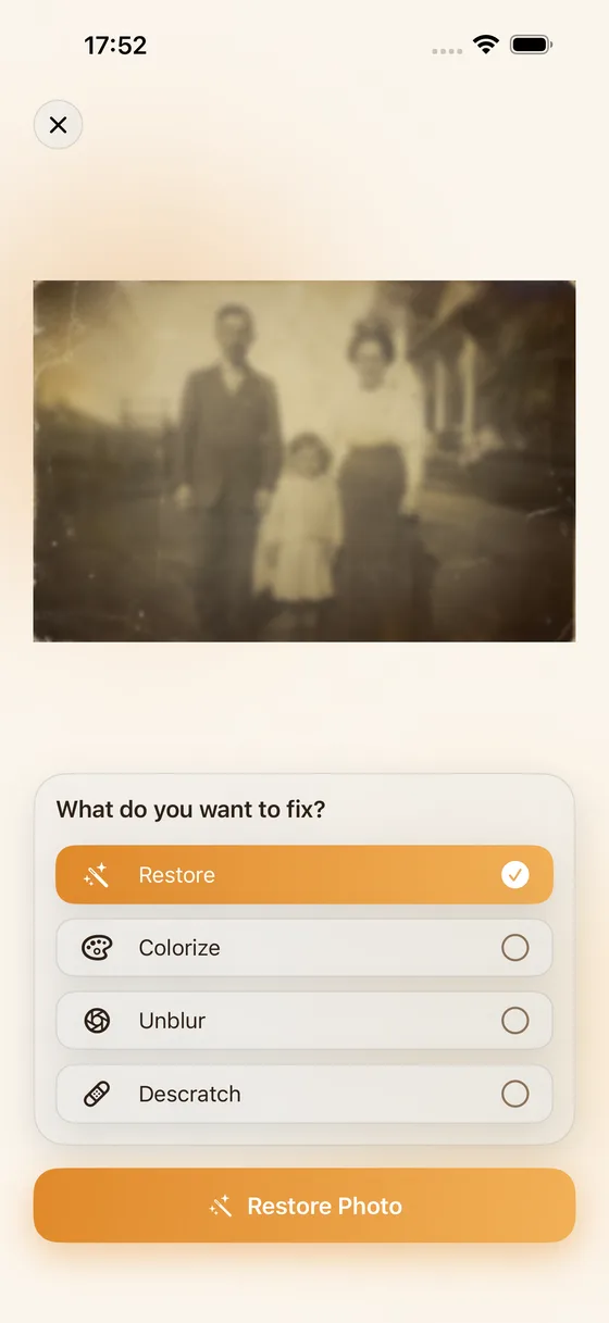 Choosing what to fix — restore, colorize, unblur, or descratch.