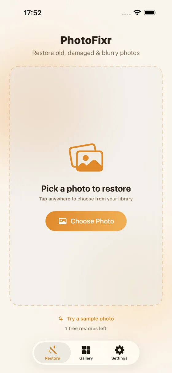 PhotoFixr home screen with a button to pick a photo to restore.