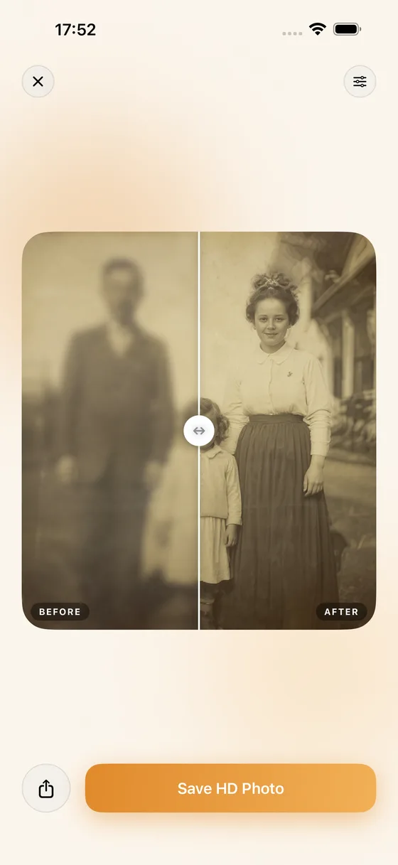 Before-and-after slider showing a faded, blurry family portrait restored to clear, warm color.